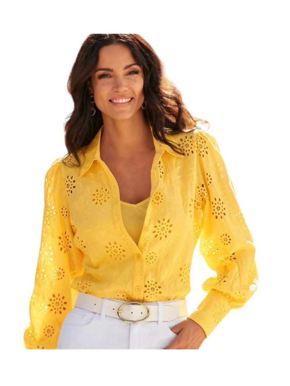 Boston Proper Yellow Eyelet Collared Button-Front Blouse
